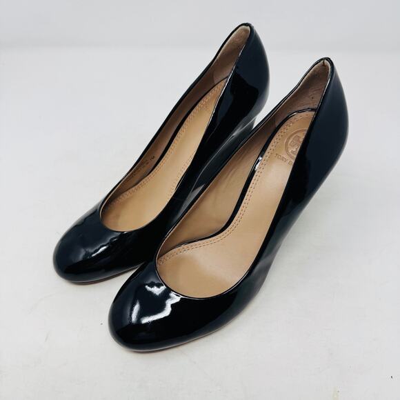 Tory Burch Black Patent Leather Wedge Heels Size 7 Logo Detail - Picture 14 of 14